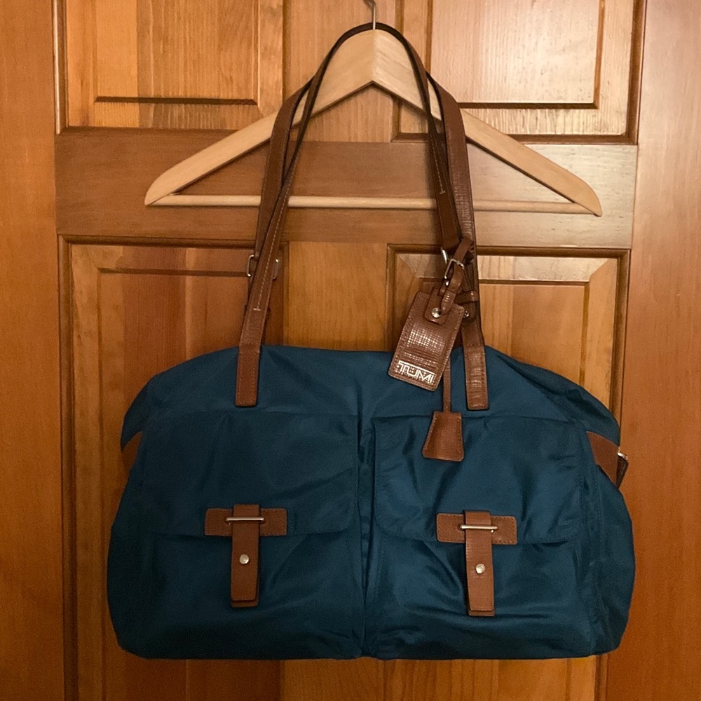 Tumi Teal Travel Tote with Brown Leather Trim
